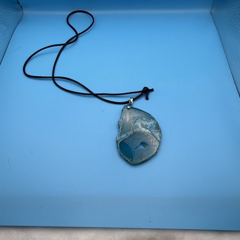 Natural Blue Agate Geode Slice Pendant Necklace Black Cord Boho Gemstone
